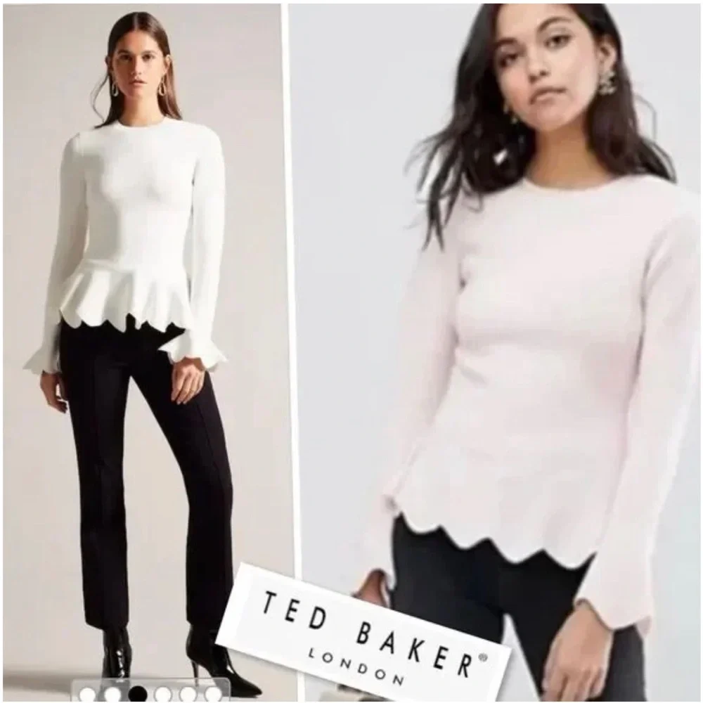 Ted Baker Fitted Lillyyy Knit Sweater Crew Neck Peplum Ivory Sz 2 (US 6) new - Picture 2 of 7